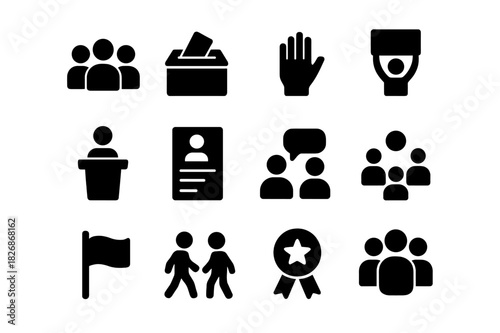 Civic Participation Icons. Civic participation. Solid icon set of Civic participation: citizen group, ballot box, hand vote, protest icon, speech podium,
