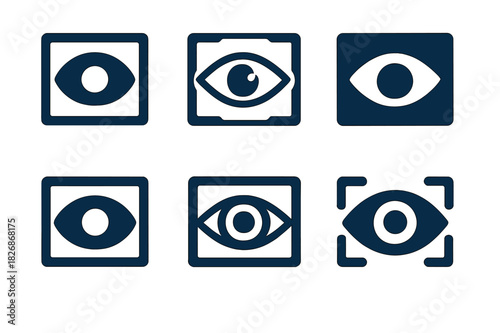 Image Analysis Icons. Image analysis software. Icon set. Set Logo of image analysis software: digital eye inside photo frame symbolizing recognition.