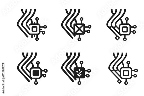 Smart Textiles Icons. Smart textiles. Icon set. Set Logo of smart textiles: textile fiber connected to a microchip. harmonious logo variations of the same