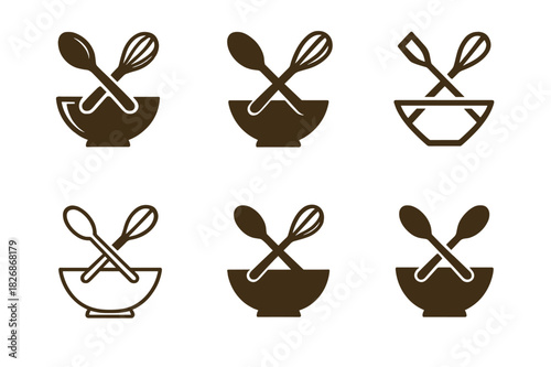 Home Cooking Icons. Home cooking. Icon set. Set Logo of home cooking: wooden spoon and whisk crossed over bowl. harmonious logo variations of the