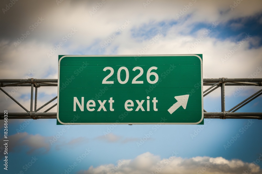 Obraz premium 2026 Next Exit Highway Sign – green direction board, sky background, future travel route, Green 2026 Road Exit Sign, highway navigation board, cloudy blue sky, route guidance