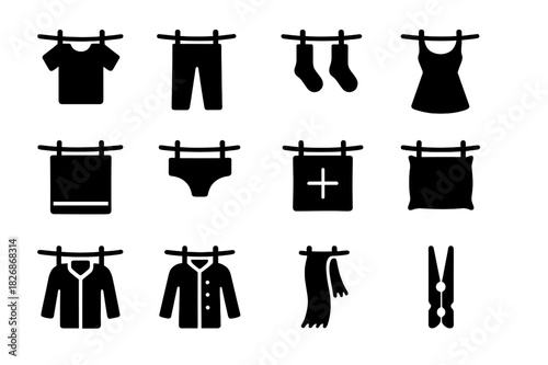 Laundry Line Icons. Laundry line. Solid icon set of laundry line: t-shirt, pants, socks, dress, towel, underwear, blanket, pillowcase, jacket, shirt, scarf,
