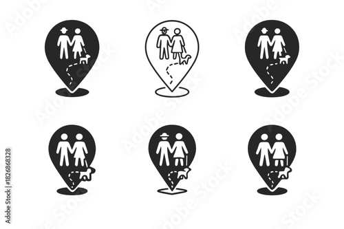 Dog Walk Icons. A couple walking their dog together in the neighborhood. Icon set. Set Logo of A couple walking their dog together in the neighborhood: map pin