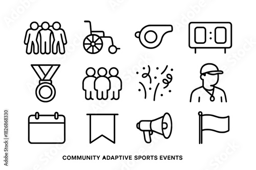 Adaptive Sports Icons. Community adaptive sports events. Line icon set of community adaptive sports events: team huddle, wheelchair, whistle, scoreboard,