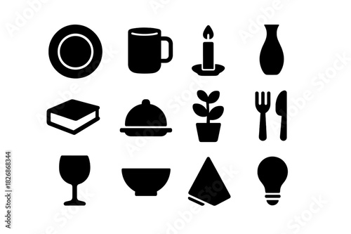 Table Icon Grid. Table arrangement. Solid icon set of table arrangement: plate, mug, candle, vase, book, tray, plant, cutlery, glass, bowl, napkin, light bulb.