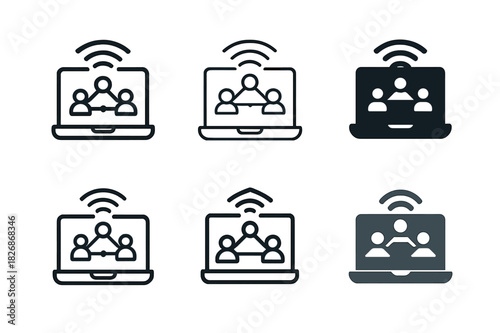 Digital Network Icons. Social and digital networking. Icon set. Set Logo of social and digital networking: laptop with wireless signals linking user icons.