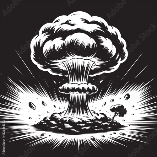 Atomic explosion blast concept cloud of nuclear mushroom with shockwave and tree