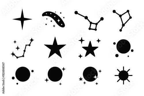 Star Map Icons. Star map. Solid icon set of star map: North Star, Milky Way, Big Dipper, Little Dipper, Orion Belt, Sirius, Vega, Altair, Polaris, Betelgeuse,