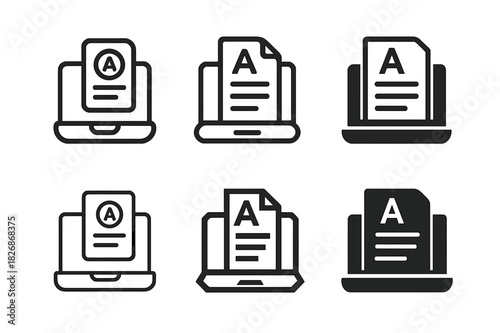 Online Grading Logos. Online grading system. Icon set. Set Logo of Online grading system: laptop with graded paper. harmonious logo variations of the same