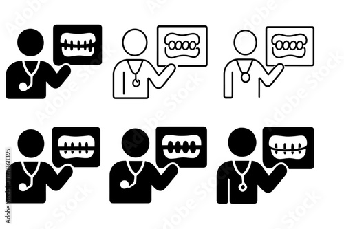 X-ray Results Logos. Doctor explaining X-ray results. Icon set. Set Logo of Doctor explaining X-ray results: dental panoramic X-ray being explained. harmonious