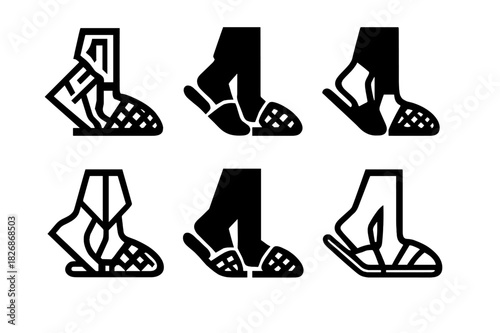 Indoor Slippers Icons. Putting on indoor slippers. Icon set. Set Logo of putting on indoor slippers: slippers with patterned texture. harmonious logo