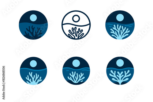 Moonlit Marine Logos. Marine life under moonlit waters. Icon set. Set Logo of marine life under moonlit waters: coral reef at night. harmonious logo variations