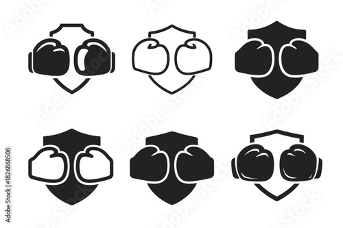 Offense Defense Logos. Offense vs Defense. Icon set. Set Logo of Offense vs Defense: boxing gloves faceoff. harmonious logo variations of the same emblematic