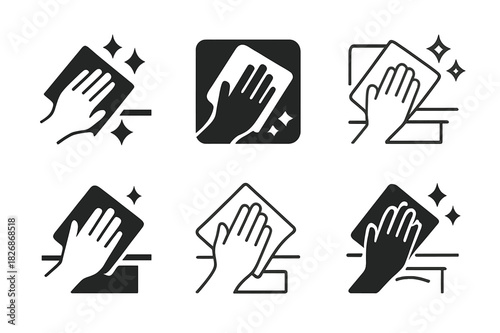 Kitchen Tidy Icons. Tidying up the kitchen counters. Icon set. Set Logo of Tidying up the kitchen counters: microfiber cloth. harmonious logo variations of the
