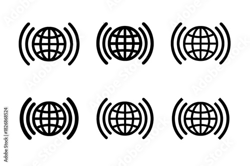 Broadcast Journalism Logos. Broadcast journalism. Icon set. Set Logo of Broadcast journalism: globe encircled by broadcast waves. harmonious logo variations of