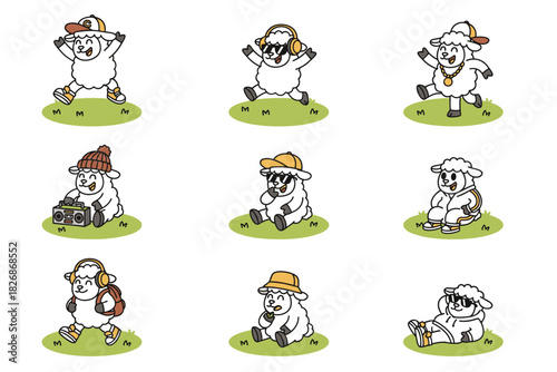 Collection of Cute Cartoon Sheep Characters in Various Poses and