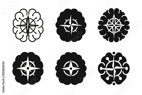 Brain Emotion Logos. How emotions are processed in the brain. Icon set. Set Logo of How emotions are processed in the brain: compass rose inside neural
