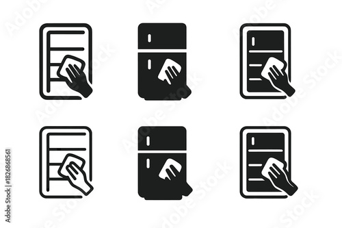 Refrigerator Cleaning Icons. Cleaning out the refrigerator. Icon set. Set Logo of Cleaning out the refrigerator: door gasket being wiped clean. harmonious logo