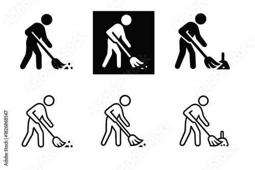 Floor Sweeping Icons. Sweeping the Floor. Icon set. Set Logo of household cleaning: silhouette sweeping motion with broom and dustpan. harmonious