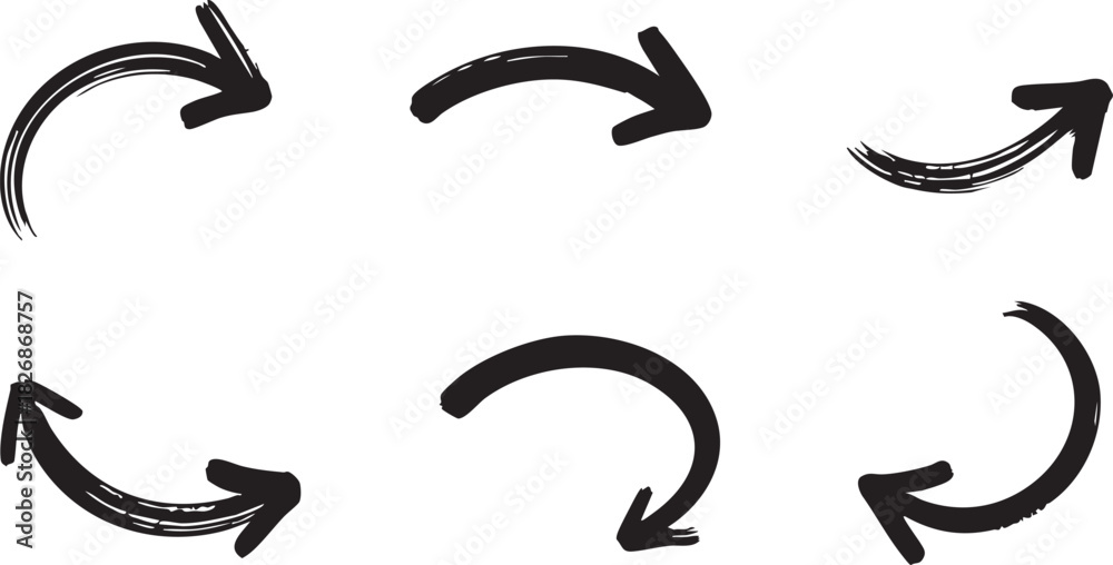 Fototapeta premium Grunge Hand-Drawn Ink Arrow Set: Straight & Curved Brush Stroke Directional Pointers