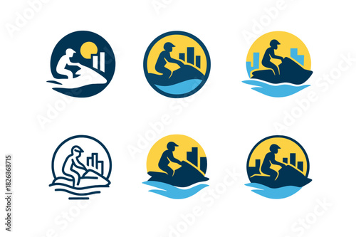 Jet Ski Emblem Variations. Jet skiing. Icon set. Set Logo of Jet skiing: coastal skyline with jet ski foreground. harmonious logo variations of the same
