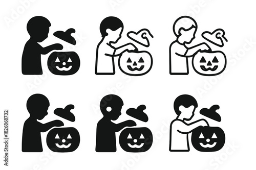 Pumpkin Carving Logos. Children Carving Pumpkins for Halloween. Icon set. Set Logo of Children Carving Pumpkins for Halloween: pumpkin lid with stem.