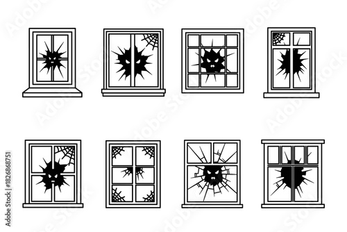 Collection of eight broken windows with spider webs and cracks.
