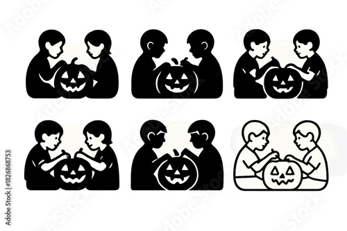 Pumpkin Carving Icons. Children Carving Pumpkins for Halloween. Icon set. Set Logo of Children Carving Pumpkins for Halloween: carving stencil sheet.