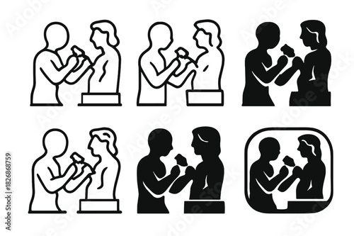 Sculptor Icon Logos. Sculptor working on a stone statue. Icon set. Set Logo of sculptor working on a stone statue: carving tool set. harmonious logo variations