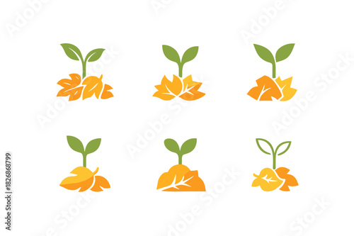 Autumn Garden Logos. Autumn garden care and planting for the season. Icon set. Set Logo of autumn garden care and planting for the season: plant sprouting