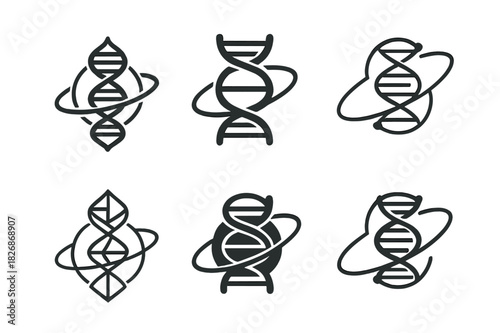 Cosmic DNA Logos. Genetic Engineering for Space Colonization. Icon set. Set Logo of cosmic DNA: double helix orbiting around a planet. harmonious