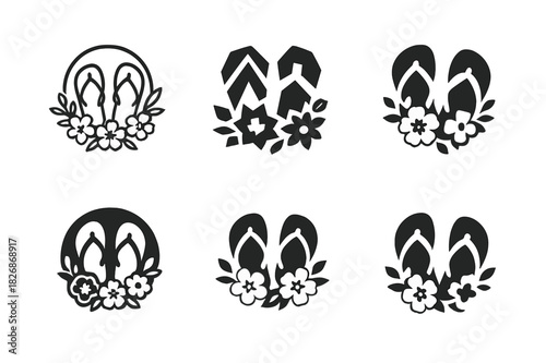 Summer Floral Logos. Flower crown and summer accessories. Icon set. Set Logo of seasonal style: sandals and floral motifs. harmonious logo variations of the
