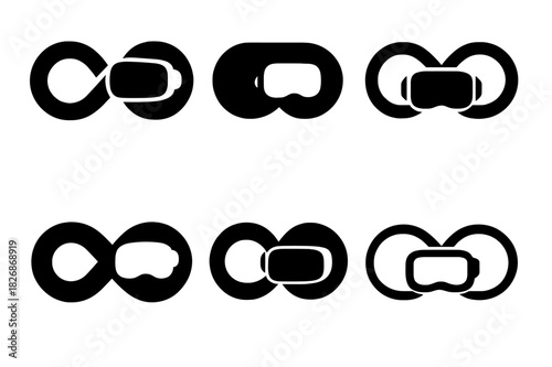 VR Logo Variations. Virtual reality gaming. Icon set. Set Logo of VR experience: infinity loop with headset symbol. harmonious logo variations of the same