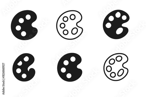 Art Tools Icons. Fine art techniques and tools. Icon set. Set Logo of Fine art techniques and tools: wooden painter?s palette with color wells. harmonious logo