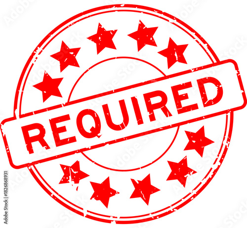 Grunge red required word with star icon round rubber seal stamp on white background