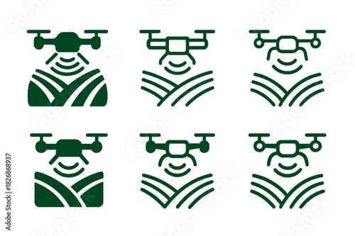 Agricultural Drone Icons. Drones in agriculture for field monitoring. Icon set. Set Logo of drones in agriculture for field monitoring: field scanning radar.