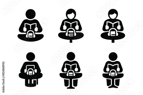 Self-Help Reading Iconography. A person reading a self-help book at a cafe or library. Icon set. Set Logo of A person reading a self-help book at a cafe or