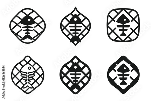 Biodiversity Loss Logos. biodiversity loss. Icon set. Set Logo of biodiversity loss: fish skeleton caught in net. harmonious logo variations of the same