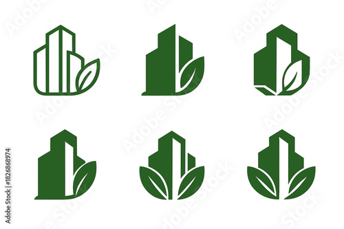 Ecological Architecture Icons. Ecological architecture blending with nature. Icon set. Set Logo of ecological architecture blending with nature: