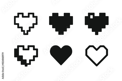 Indie Game Icons. Indie games. Icon set. Set Logo of indie games: pixel heart. harmonious logo variations of the same emblematic concept, each with different