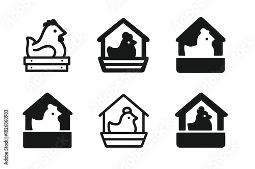 Chicken Coop Logos. Chicken Coop. Icon set. Set Logo of Chicken Coop: nesting box. harmonious logo variations of the same emblematic concept, each with