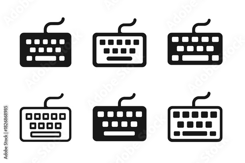 Remote Work Icons. Remote work setups and home office environments. Icon set. Set Logo of Remote work setups and home office environments: mechanical keyboard.