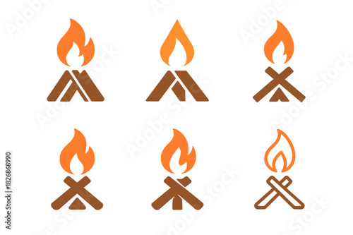 Fireplace Icon Variations. Lighting the fireplace. Icon set. Set Logo of Lighting the fireplace: kindling teepee with ignition flame. harmonious logo