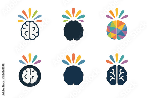 Creative Brain Icons. Neuroscience of creativity. Icon set. Set Logo of creative neuroscience: brain with colorful bursts. harmonious logo variations of the