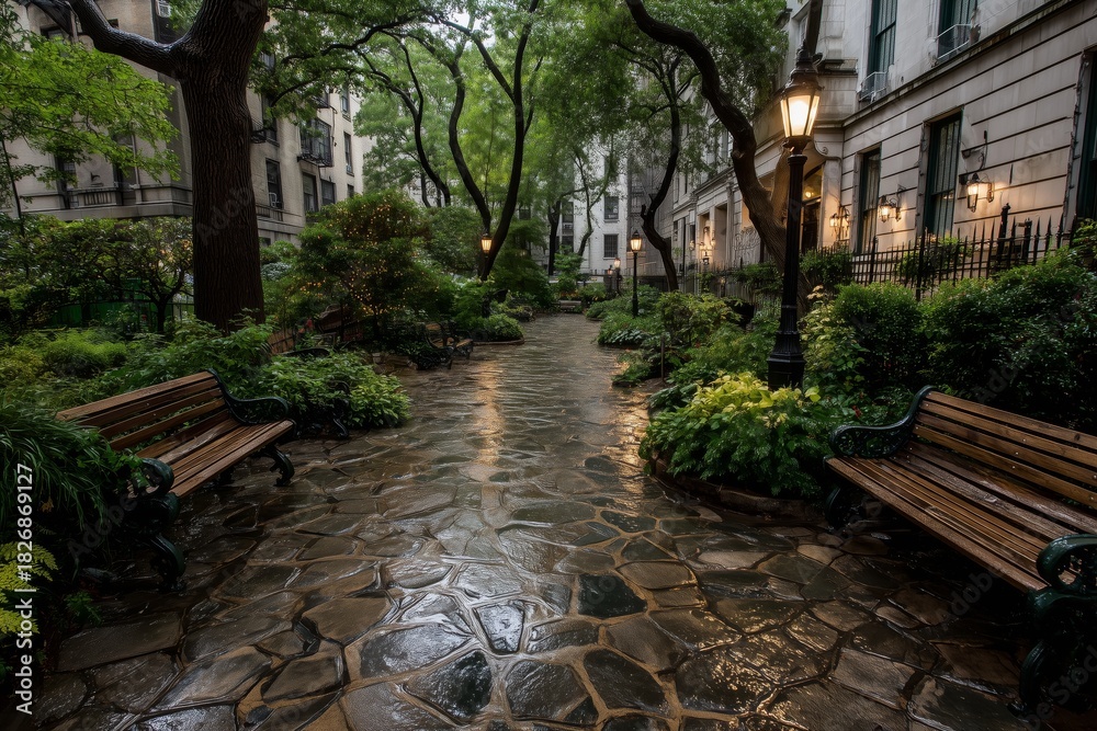 Fototapeta premium Peaceful Garden Pathway After Rain in a City Courtyard During Early Evening
