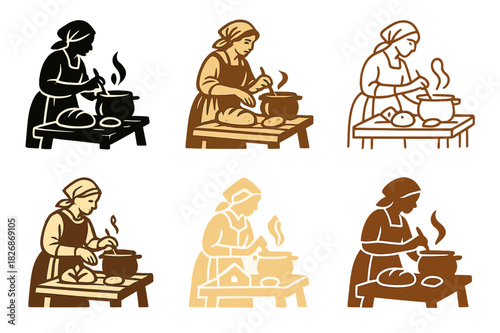 Farmhouse Kitchen Logos. A farmer?s wife cooking a hearty meal in a farmhouse kitchen. Icon set. Set Logo of rustic home life: wooden table with bread and
