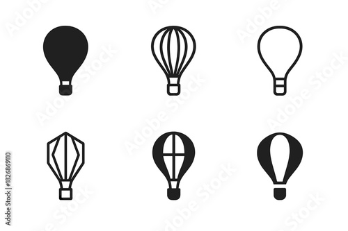 Vintage Transport Icons. Historical transportation methods (ships, planes, automobiles). Icon set. Set Logo of historical transport: hot air balloon.