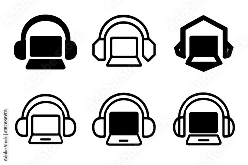 Remote Work Icons. Remote work setups and home office environments. Icon set. Set Logo of Remote work setups and home office environments: noise-cancelling