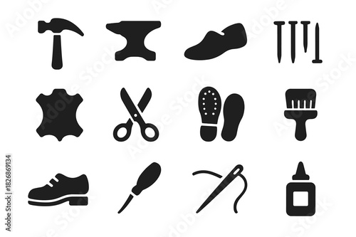 Cobblery Tools Icons. Cobblery. Solid icon set of cobblery: hammer, anvil, shoe mold, nails, leather, scissors, sole, brush, shoe, awl, needle, glue. Filled
