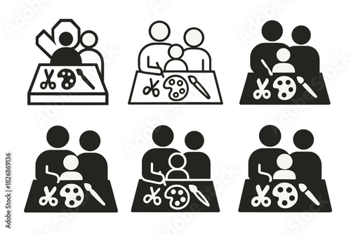 Artistic Family Icons. Family Bonding Through Art and Creativity. Icon set. Set Logo of Family Bonding Through Art and Creativity: craft table with supplies.